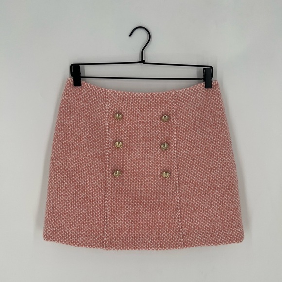 Maje Tweed Mottled Front Gold Button Detail Straight Mini Skirt In Pink & Ecru - Picture 1 of 8